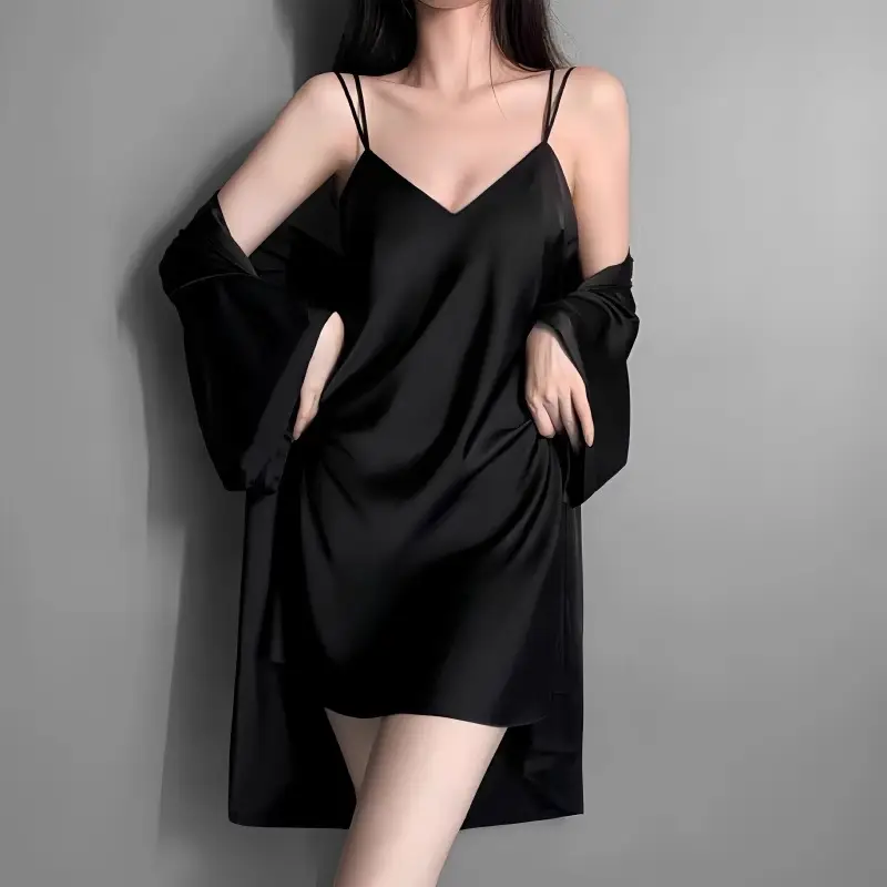 Summer Deep V Cross Backless Temptation with Breast Pad Nightgown Ice Silk Pajamas Women's Spring & Fall Suspender Nightgown Two-Piece Set — feature 23