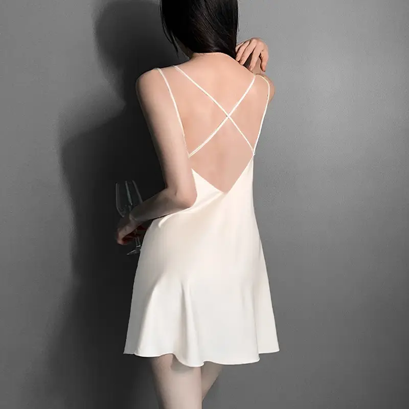 Summer Deep V Cross Backless Temptation with Breast Pad Nightgown Ice Silk Pajamas Women's Spring & Fall Suspender Nightgown Two-Piece Set — feature 28