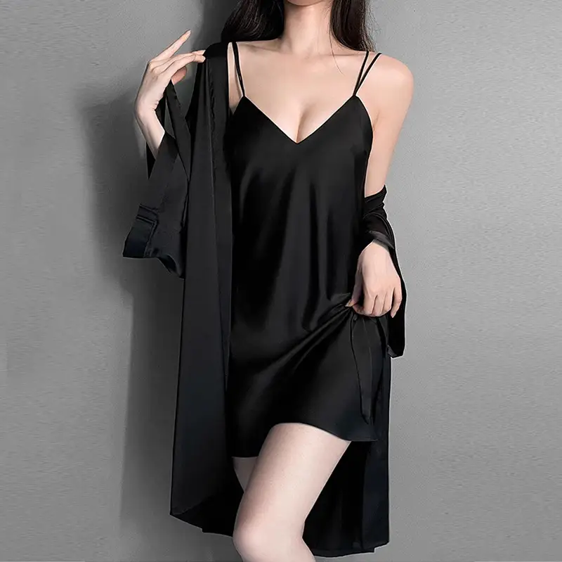 Summer Deep V Cross Backless Temptation with Breast Pad Nightgown Ice Silk Pajamas Women's Spring & Fall Suspender Nightgown Two-Piece Set — feature 4