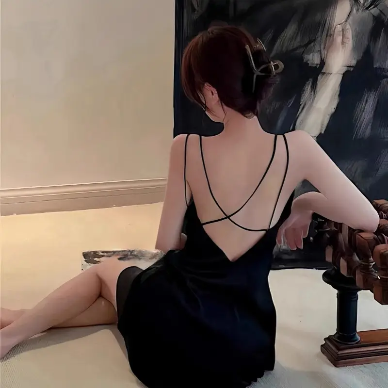 Summer Deep V Cross Backless Temptation with Breast Pad Nightgown Ice Silk Pajamas Women's Spring & Fall Suspender Nightgown Two-Piece Set — feature 8