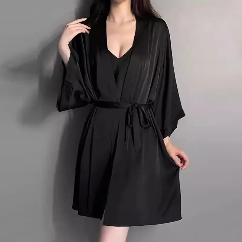 Summer Deep V Cross Backless Temptation with Breast Pad Nightgown Ice Silk Pajamas Women's Spring & Fall Suspender Nightgown Two-Piece Set — feature 9