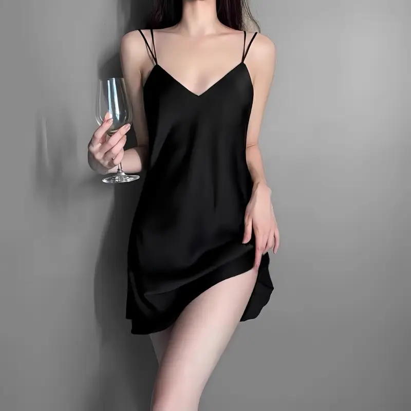 Summer Deep V Cross Backless Temptation with Breast Pad Nightgown Ice Silk Pajamas Women's Spring & Fall Suspender Nightgown Two-Piece Set