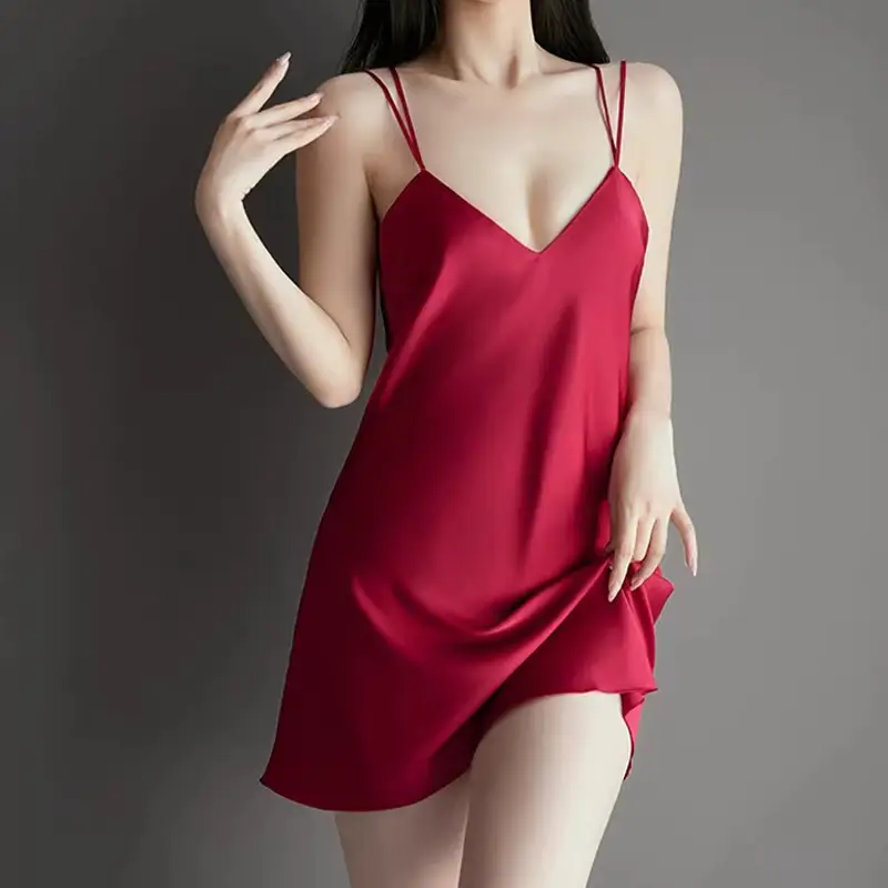 Summer Deep V Cross Backless Temptation with Breast Pad Nightgown Ice Silk Pajamas Women's Spring & Fall Suspender Nightgown Two-Piece Set