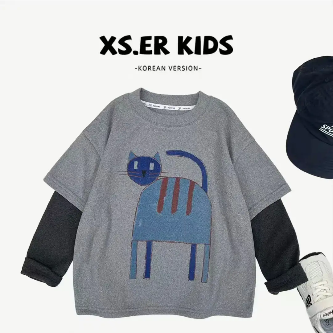 Boys Korean Style Fake Two Piece Long Sleeve T-Shirt 2025 Spring Autumn