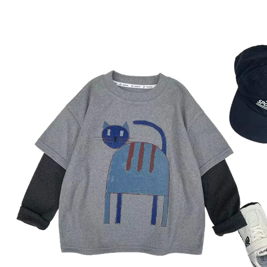 Boys Korean Style Fake Two Piece Long Sleeve T-Shirt 2025 Spring Autumn