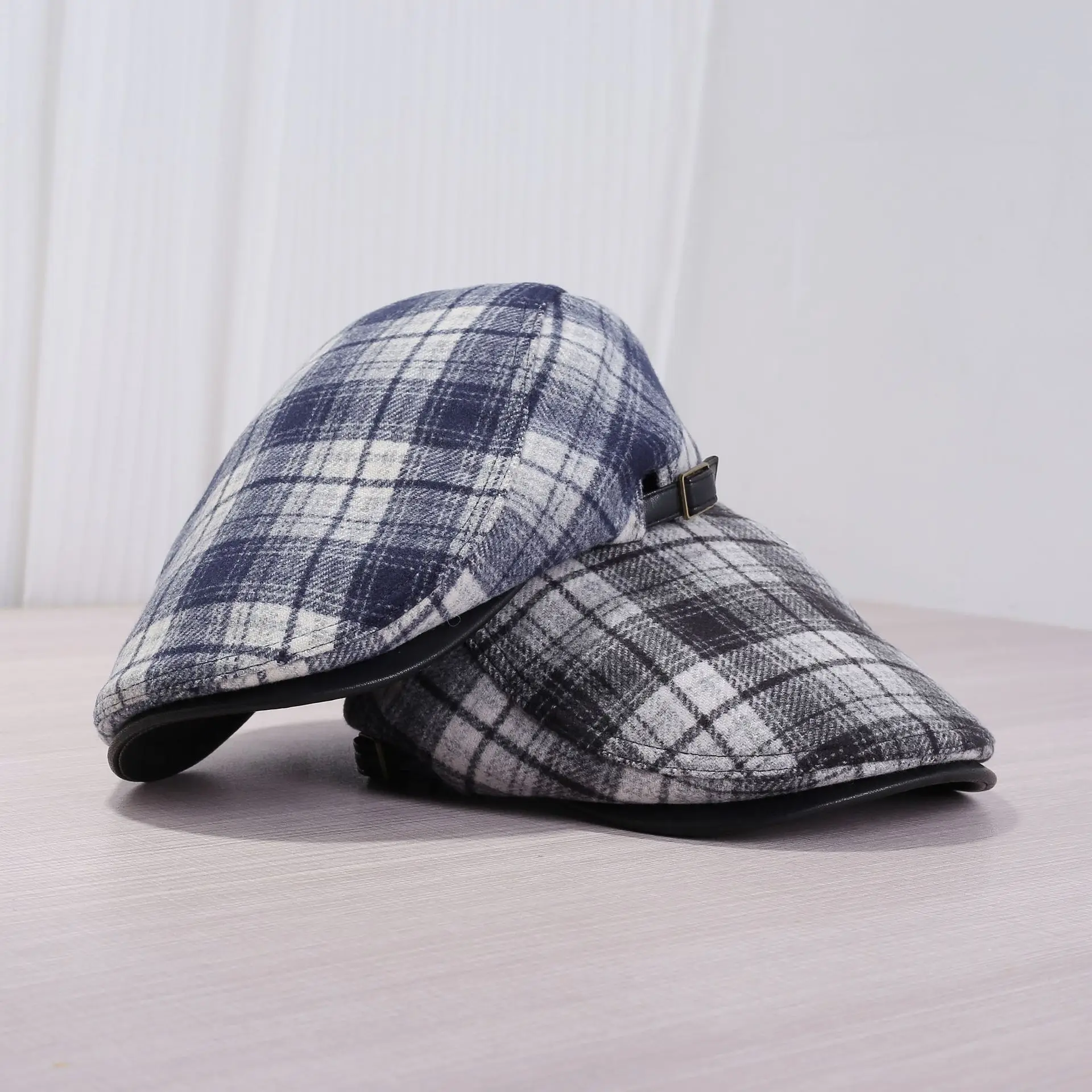 Japanese Plaid Forward Cap Blue White Warm Newsboy Cap