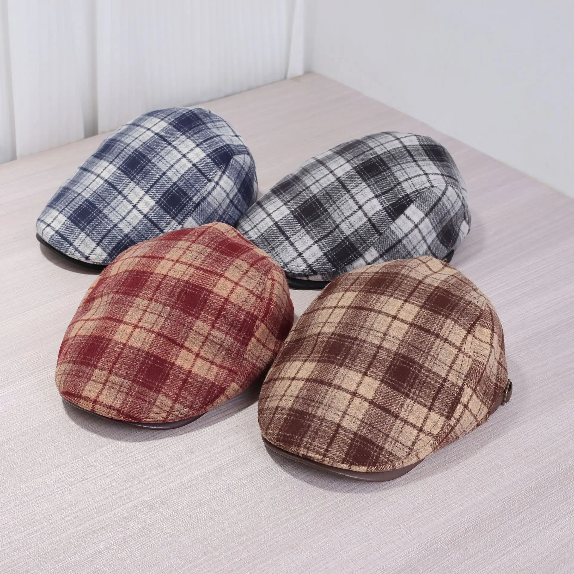 Japanese Plaid Forward Cap Blue White Warm Newsboy Cap — feature 1