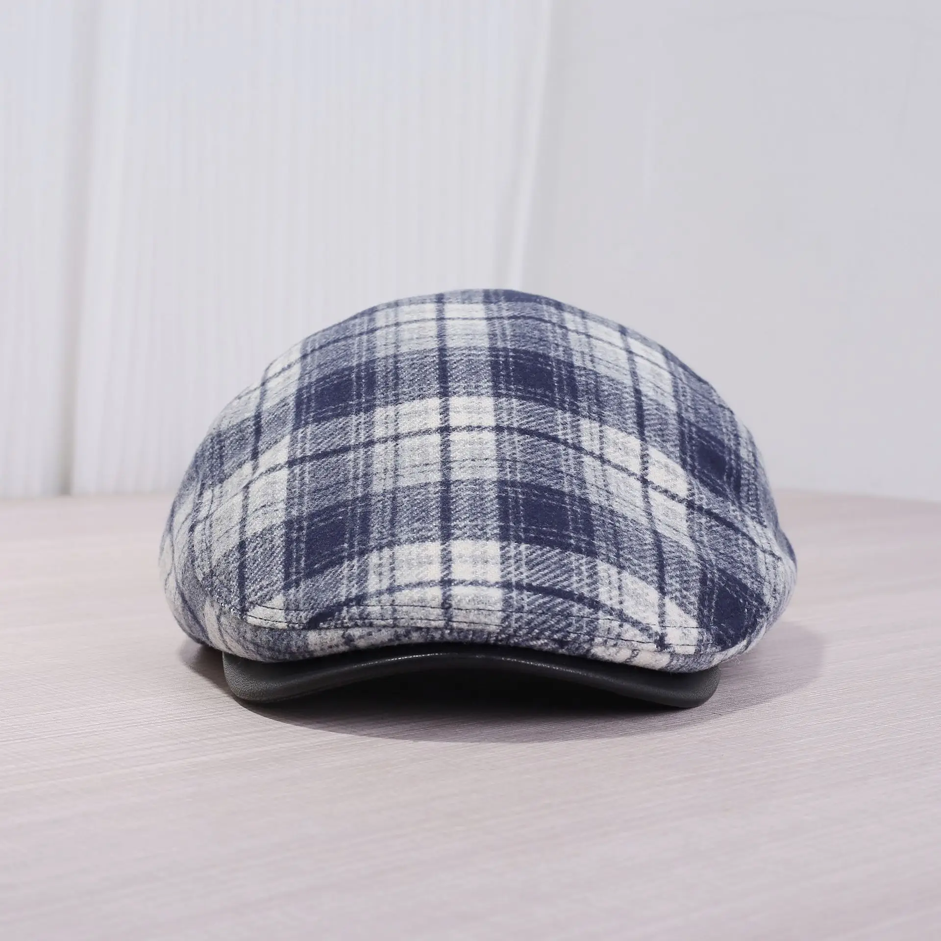Japanese Plaid Forward Cap Blue White Warm Newsboy Cap — feature 4