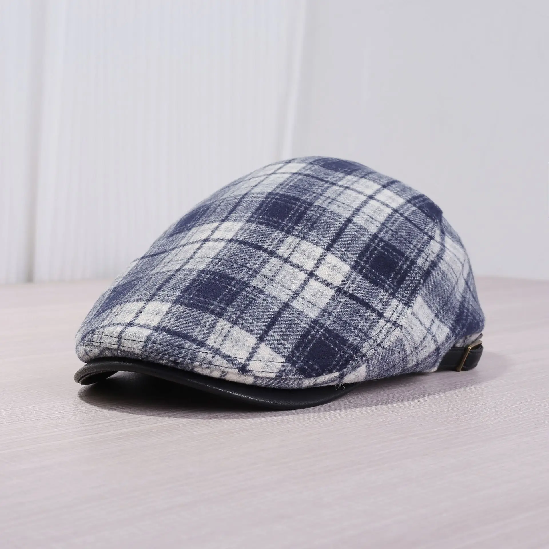 Japanese Plaid Forward Cap Blue White Warm Newsboy Cap