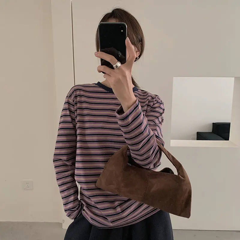 Women Striped Long Sleeve T-Shirt Brown Loose Fit - Image 3