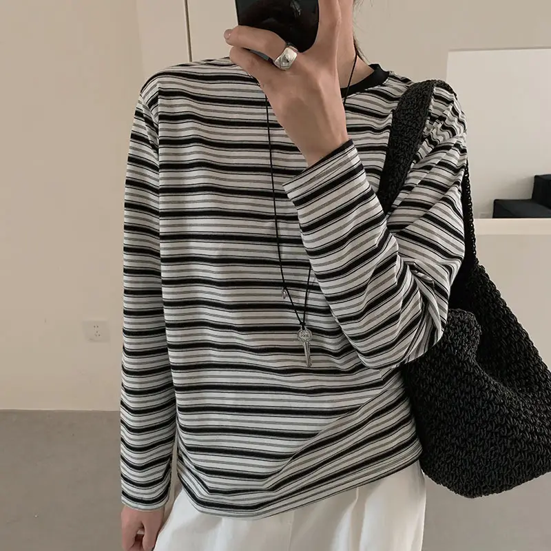 Women Striped Long Sleeve T-Shirt Brown Loose Fit - Image 4