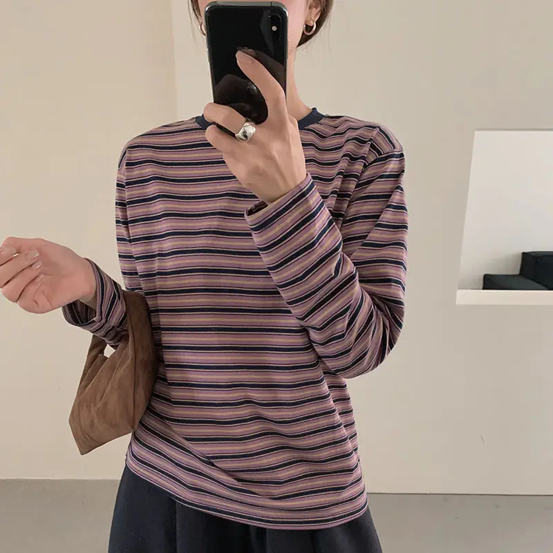 Women Striped Long Sleeve T-Shirt Brown Loose Fit - Image 2