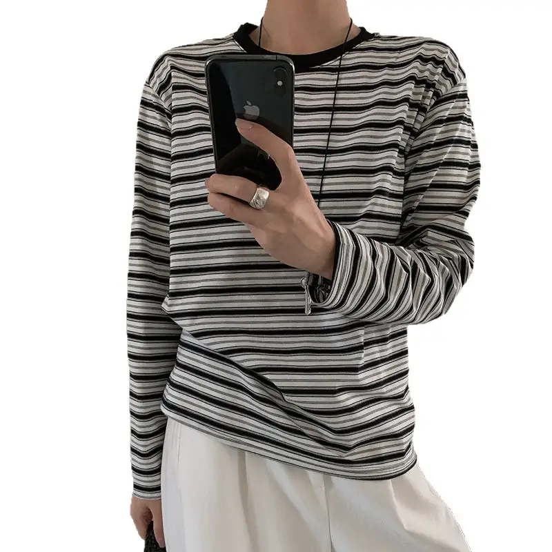 Women Striped Long Sleeve T-Shirt Brown Loose Fit - Image 5