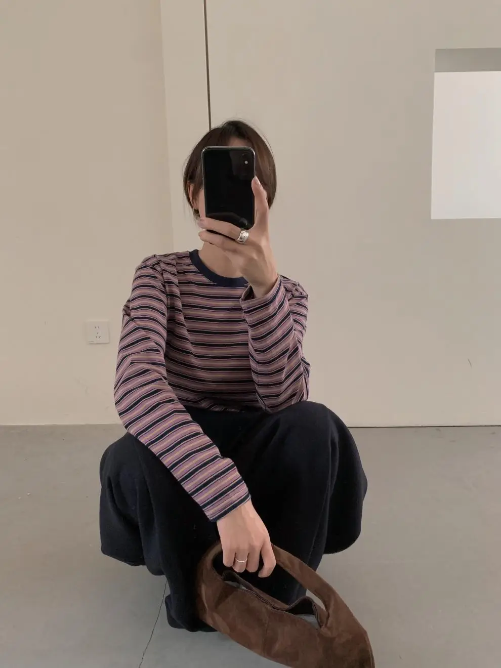 Women Striped Long Sleeve T-Shirt Brown Loose Fit — feature 10