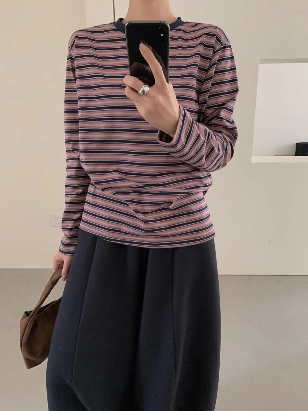 Women Striped Long Sleeve T-Shirt Brown Loose Fit — feature 11