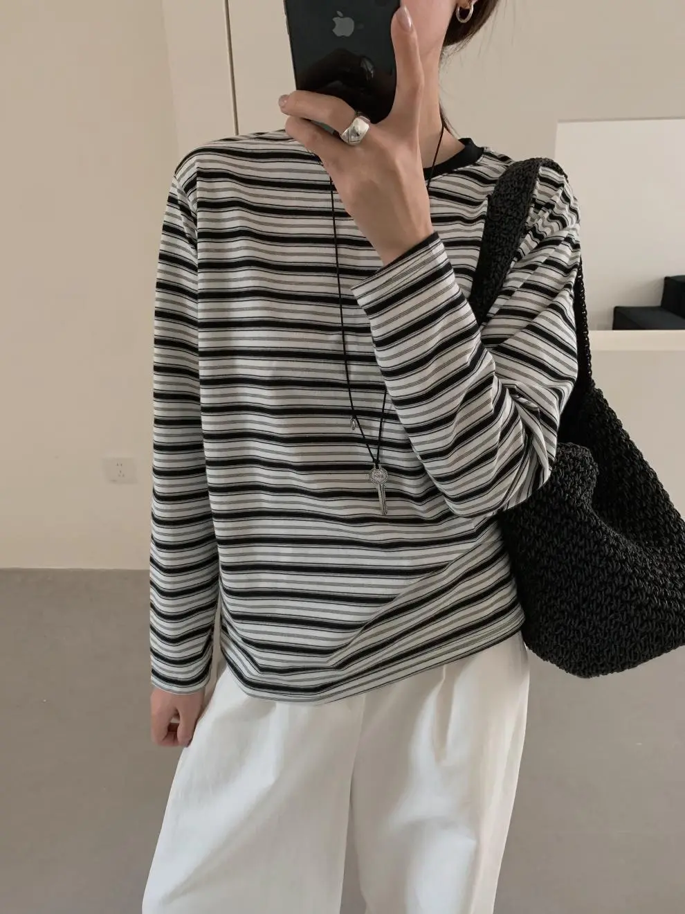 Women Striped Long Sleeve T-Shirt Brown Loose Fit — feature 13