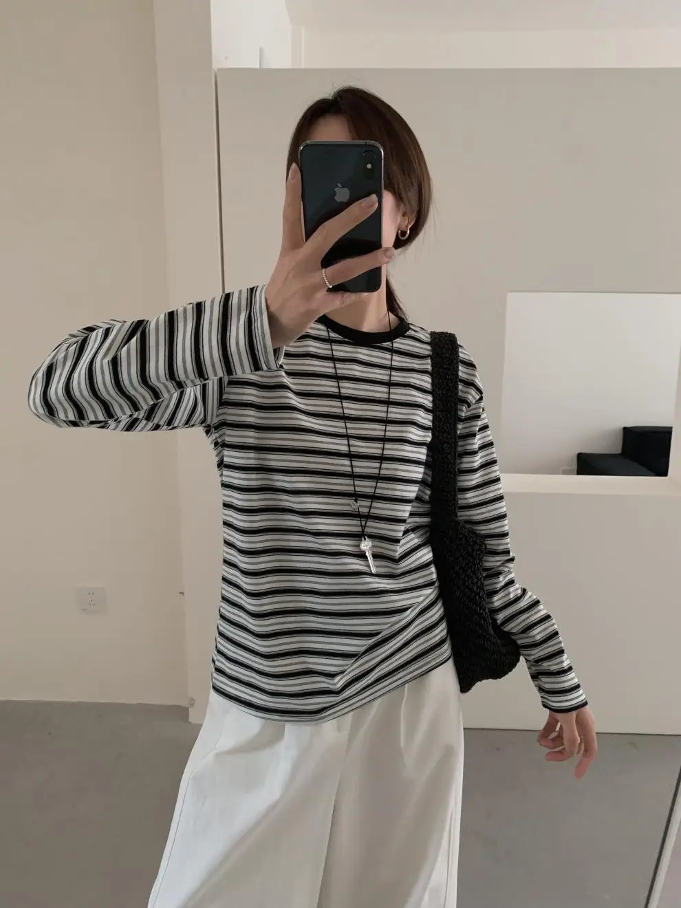 Women Striped Long Sleeve T-Shirt Brown Loose Fit — feature 14