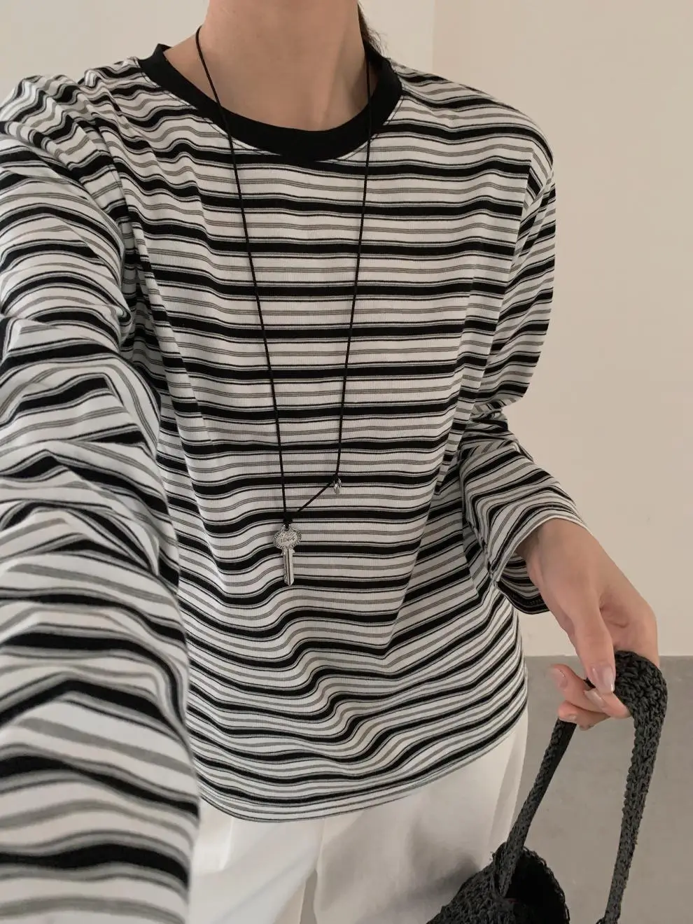 Women Striped Long Sleeve T-Shirt Brown Loose Fit — feature 15