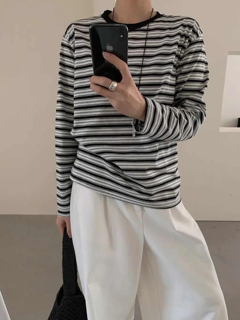 Women Striped Long Sleeve T-Shirt Brown Loose Fit — feature 17