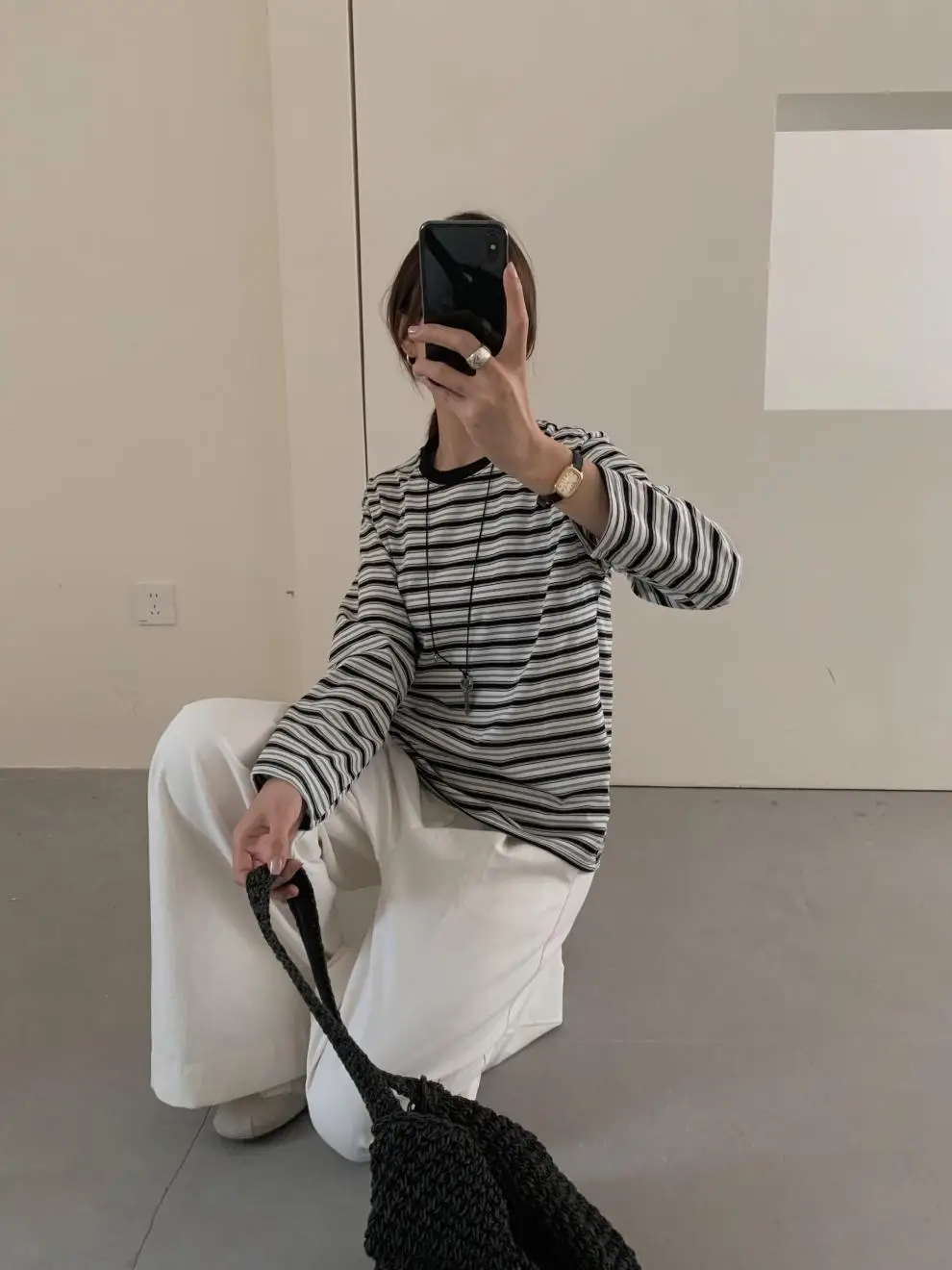 Women Striped Long Sleeve T-Shirt Brown Loose Fit — feature 19