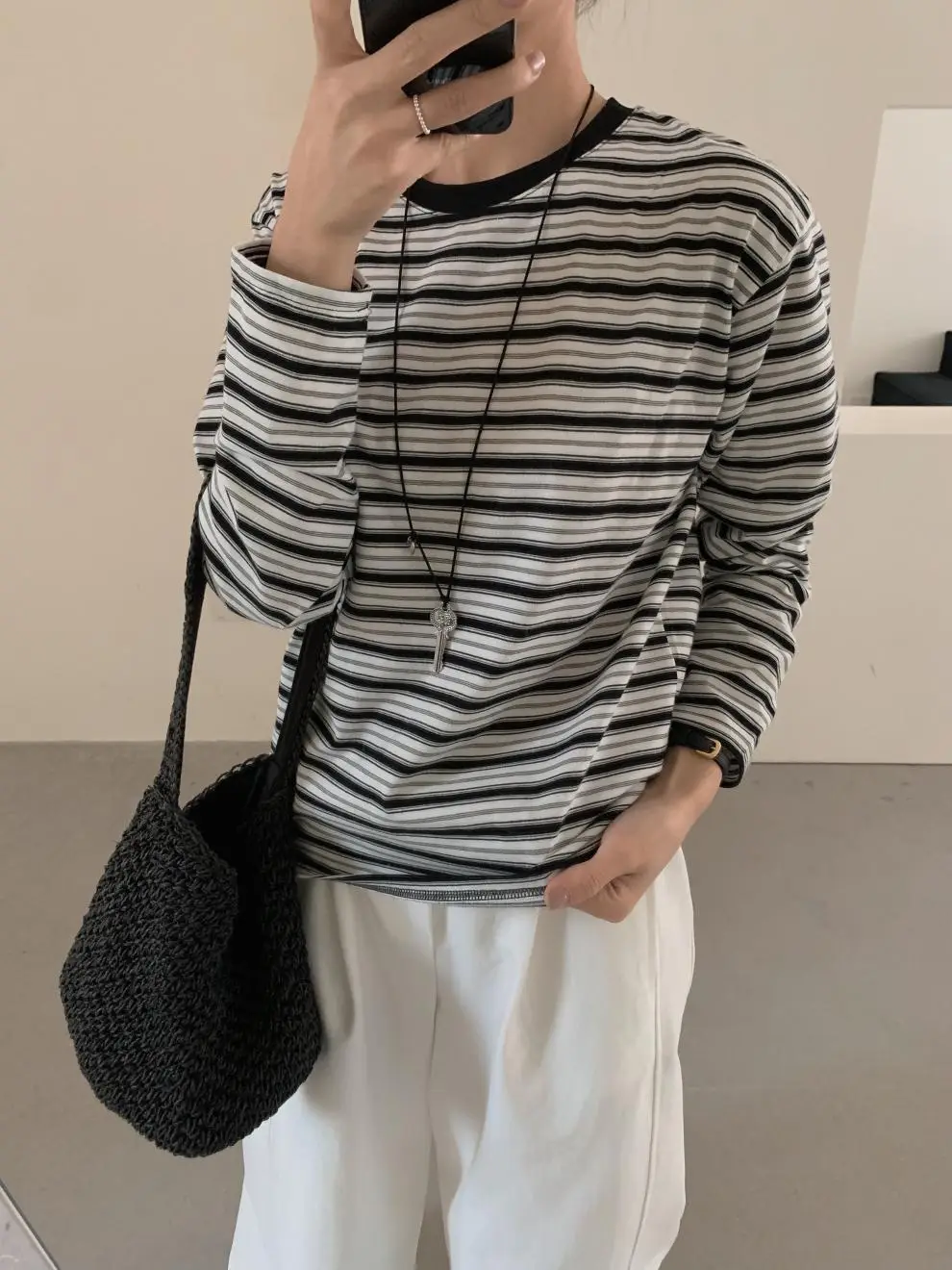 Women Striped Long Sleeve T-Shirt Brown Loose Fit — feature 20