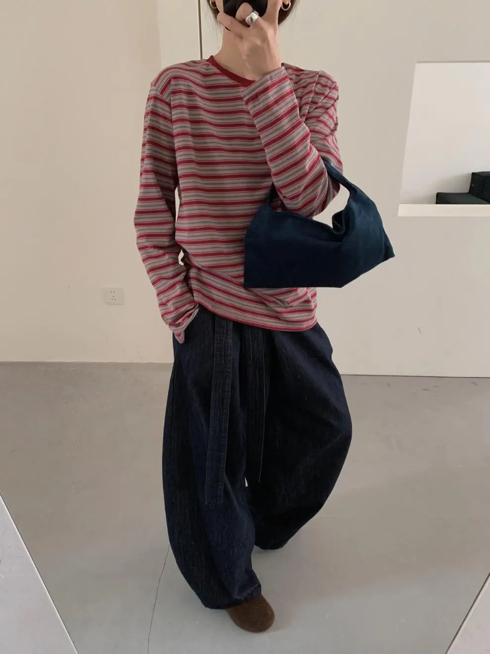 Women Striped Long Sleeve T-Shirt Brown Loose Fit — feature 22
