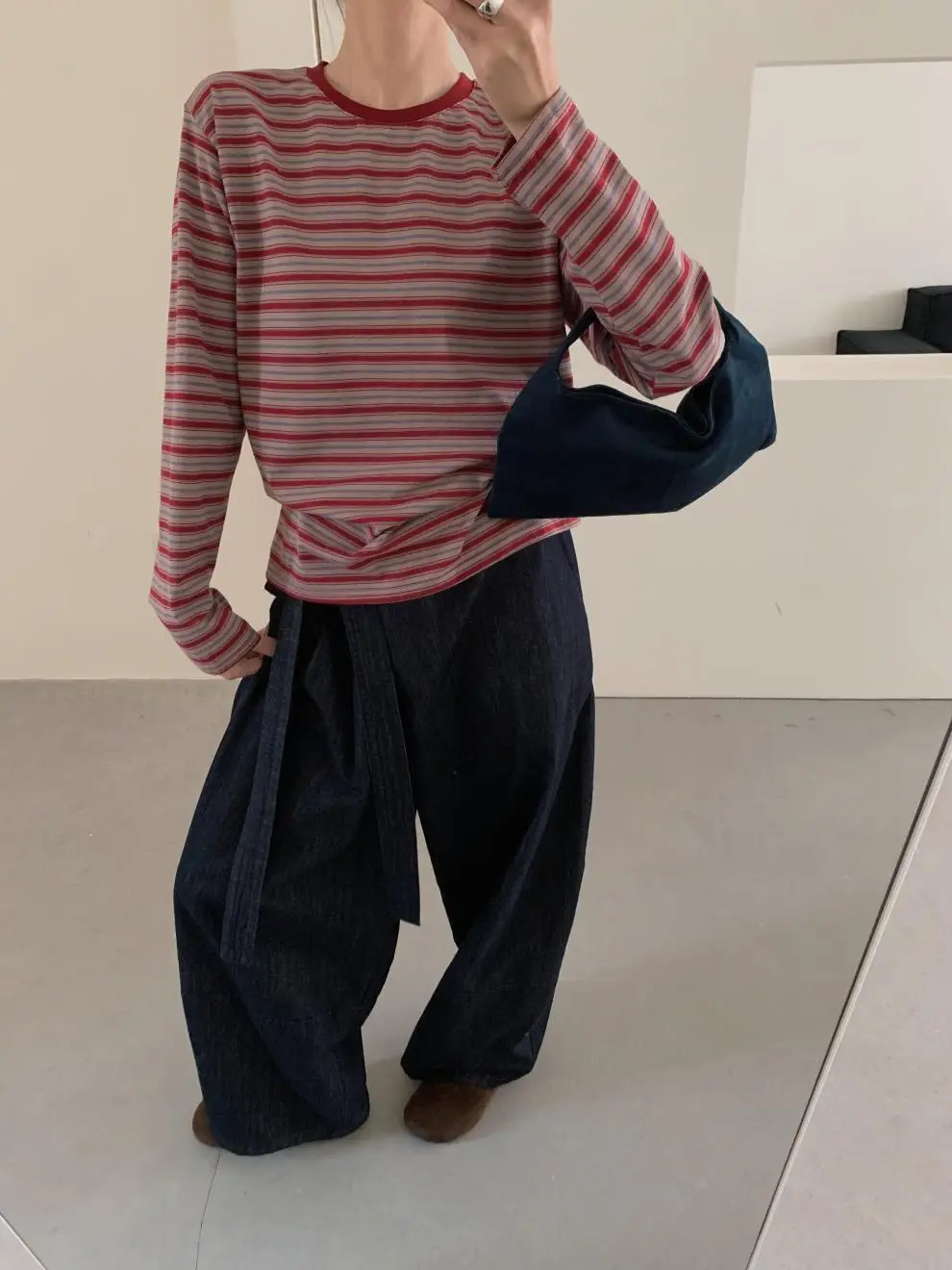 Women Striped Long Sleeve T-Shirt Brown Loose Fit — feature 24
