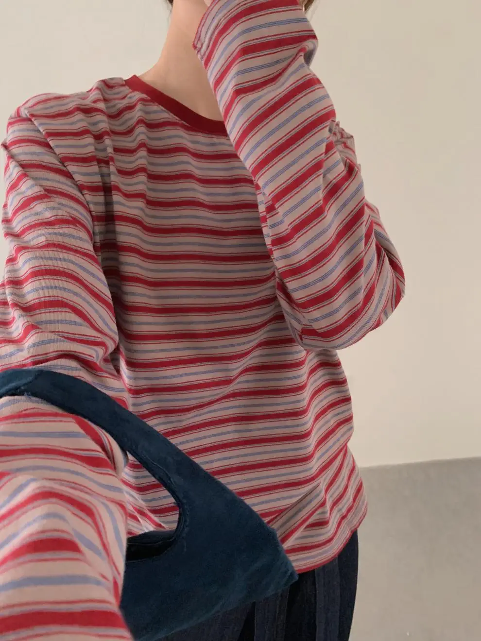 Women Striped Long Sleeve T-Shirt Brown Loose Fit — feature 25