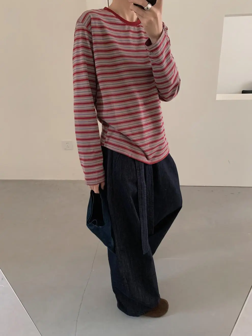 Women Striped Long Sleeve T-Shirt Brown Loose Fit — feature 26