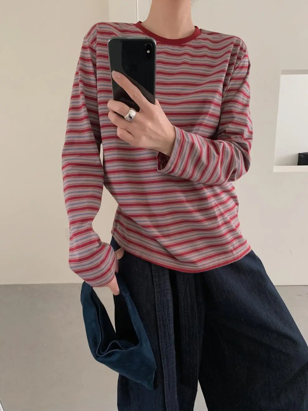 Women Striped Long Sleeve T-Shirt Brown Loose Fit — feature 27