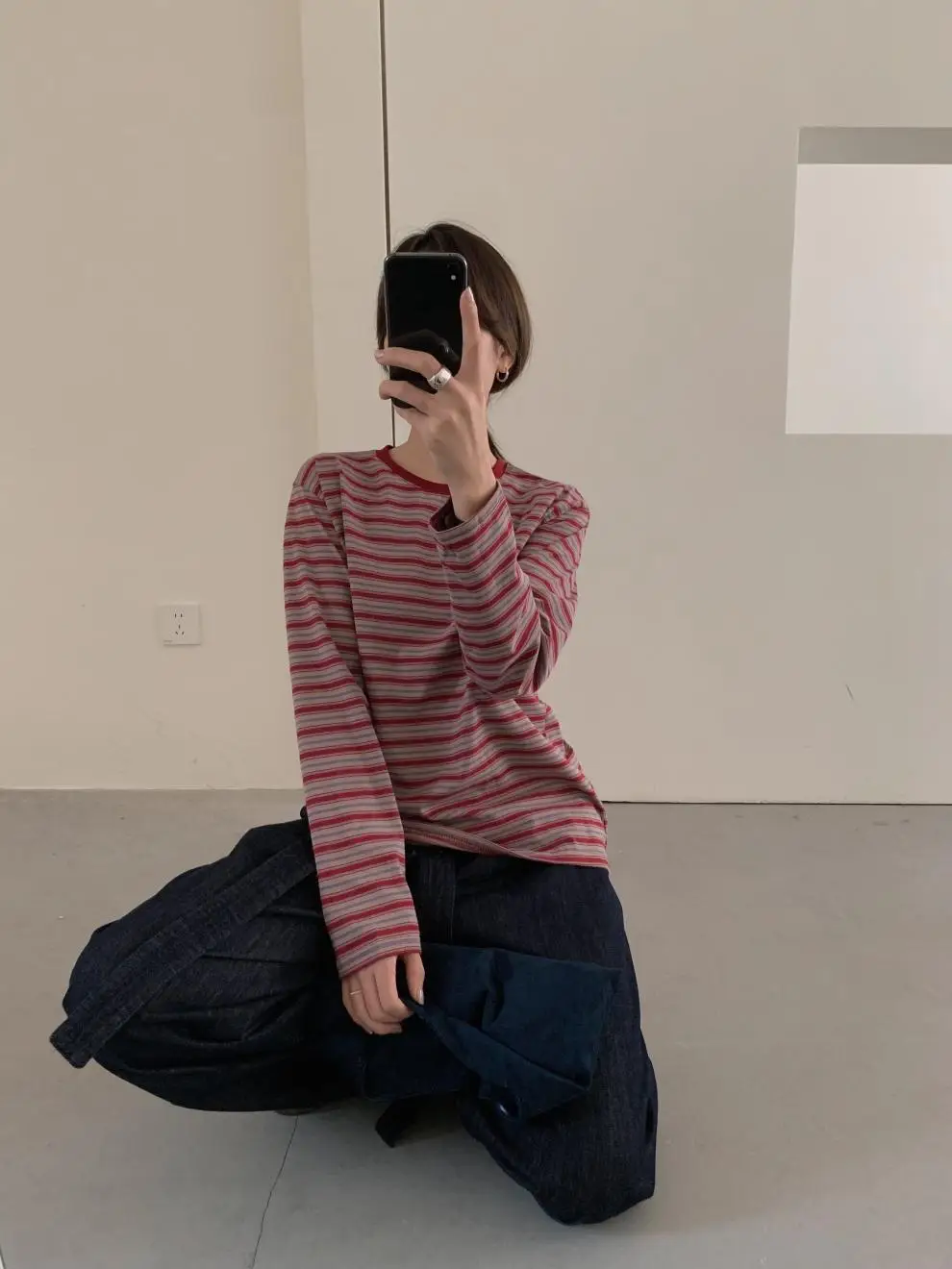 Women Striped Long Sleeve T-Shirt Brown Loose Fit — feature 28