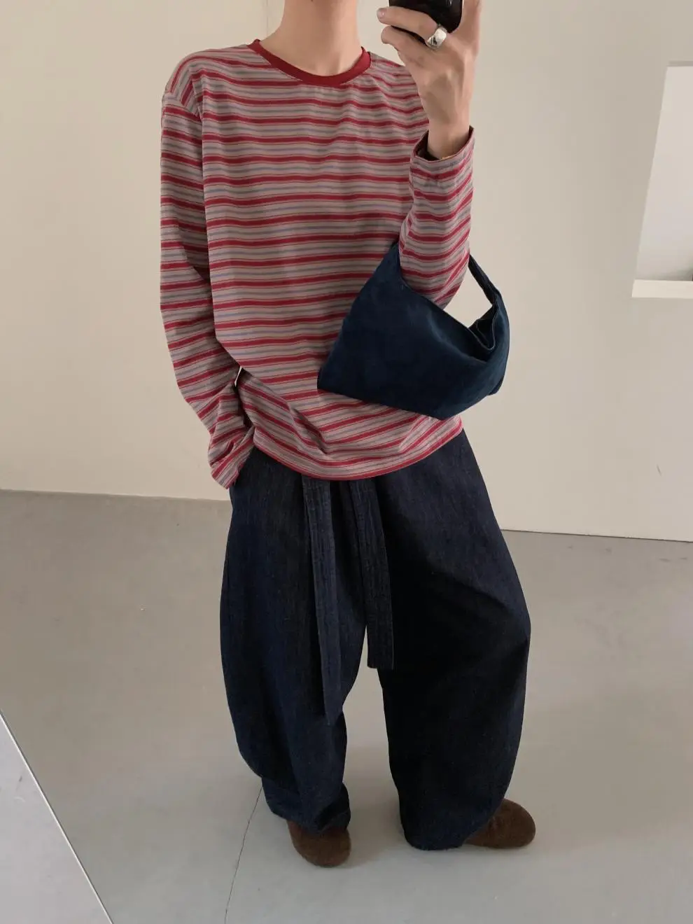 Women Striped Long Sleeve T-Shirt Brown Loose Fit — feature 29