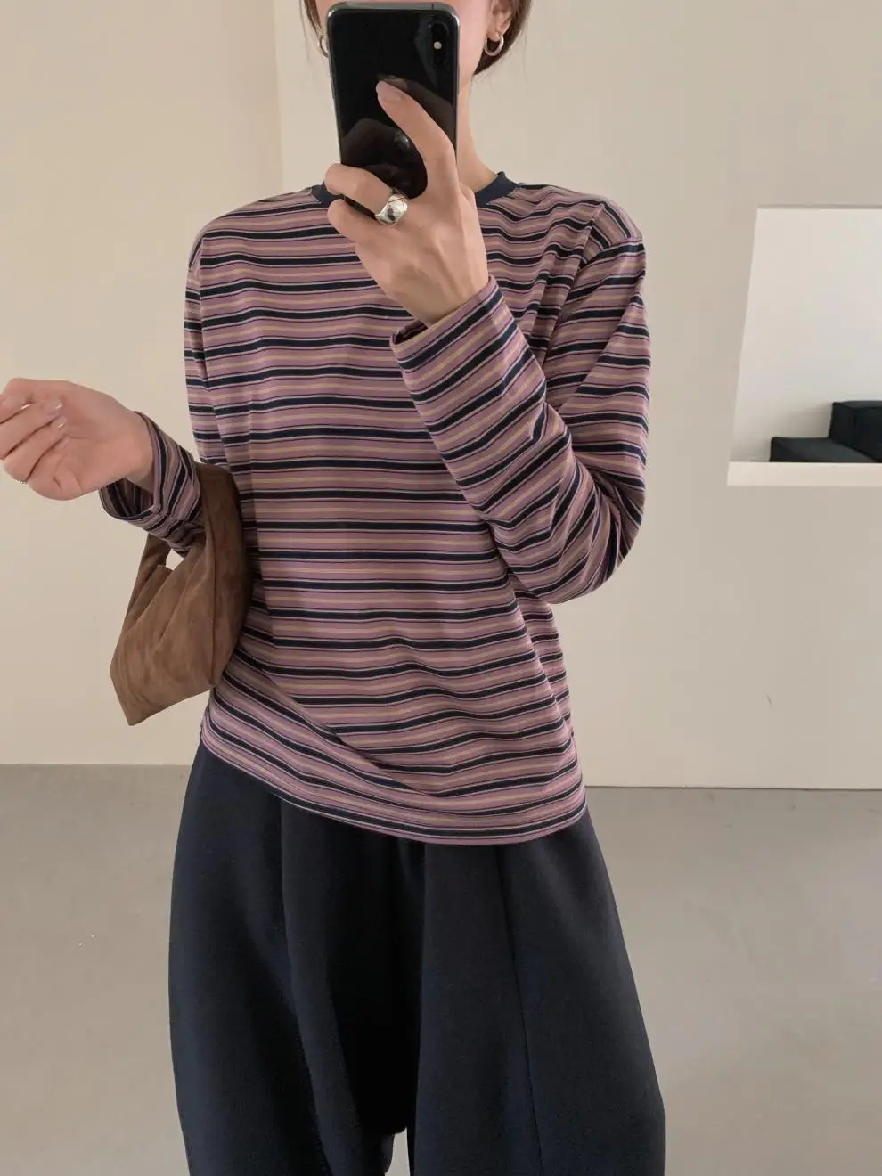 Women Striped Long Sleeve T-Shirt Brown Loose Fit — feature 5