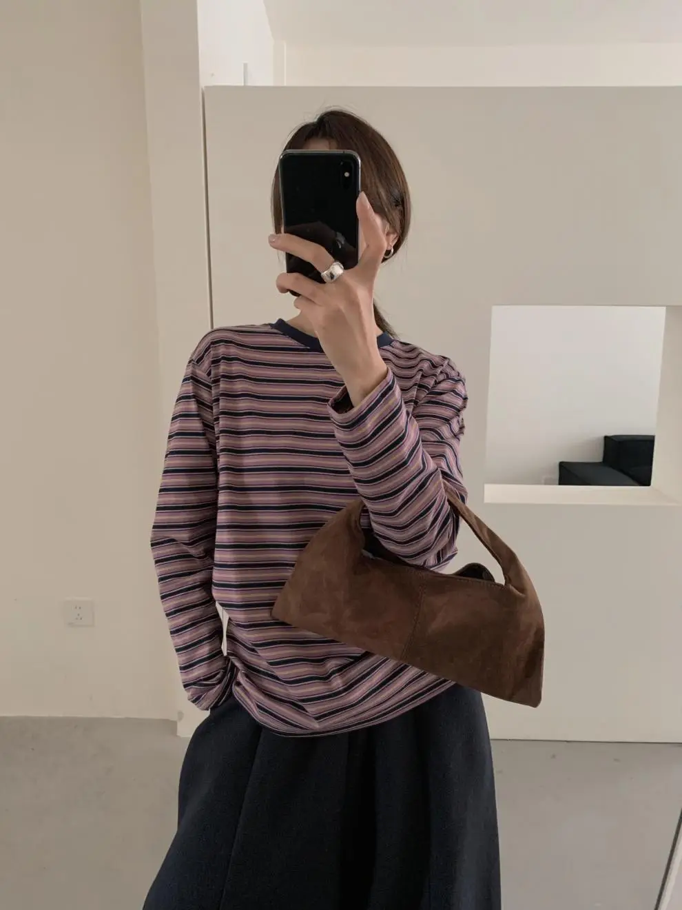 Women Striped Long Sleeve T-Shirt Brown Loose Fit — feature 6