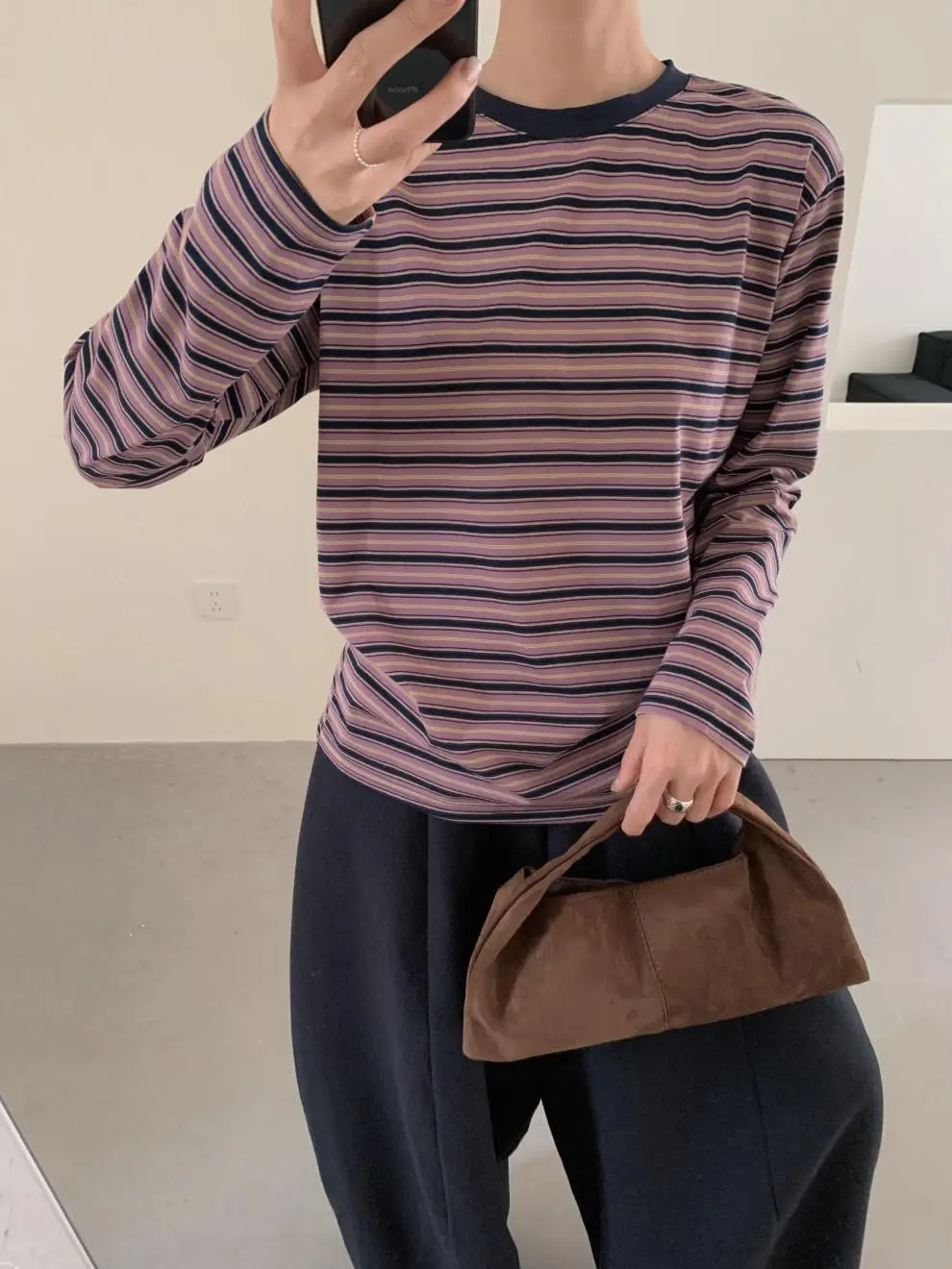 Women Striped Long Sleeve T-Shirt Brown Loose Fit — feature 9