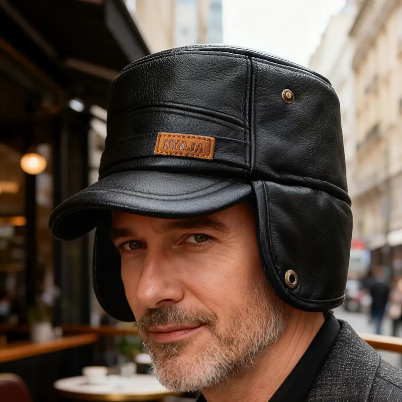 Winter Leather Cap for Men with Fleece Lining & Ear Protection - Image 5