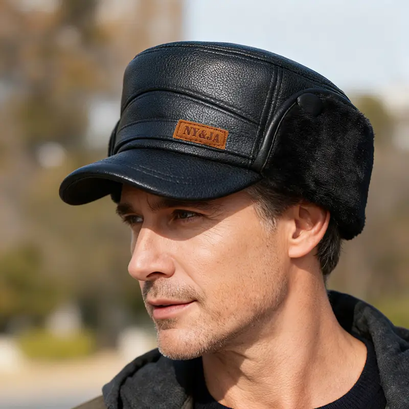 Winter Leather Cap for Men with Fleece Lining & Ear Protection - Image 7