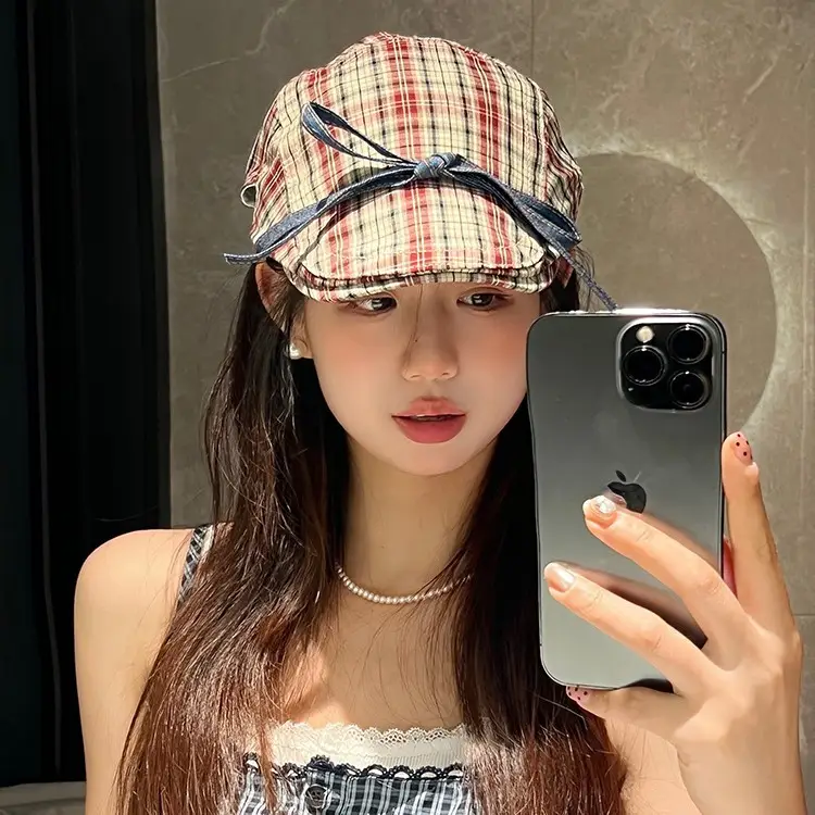 Women Retro Red Plaid Bow Tie Hat for Winter - Image 2