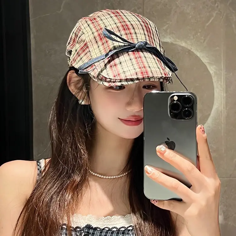 Women Retro Red Plaid Bow Tie Hat for Winter - Image 3