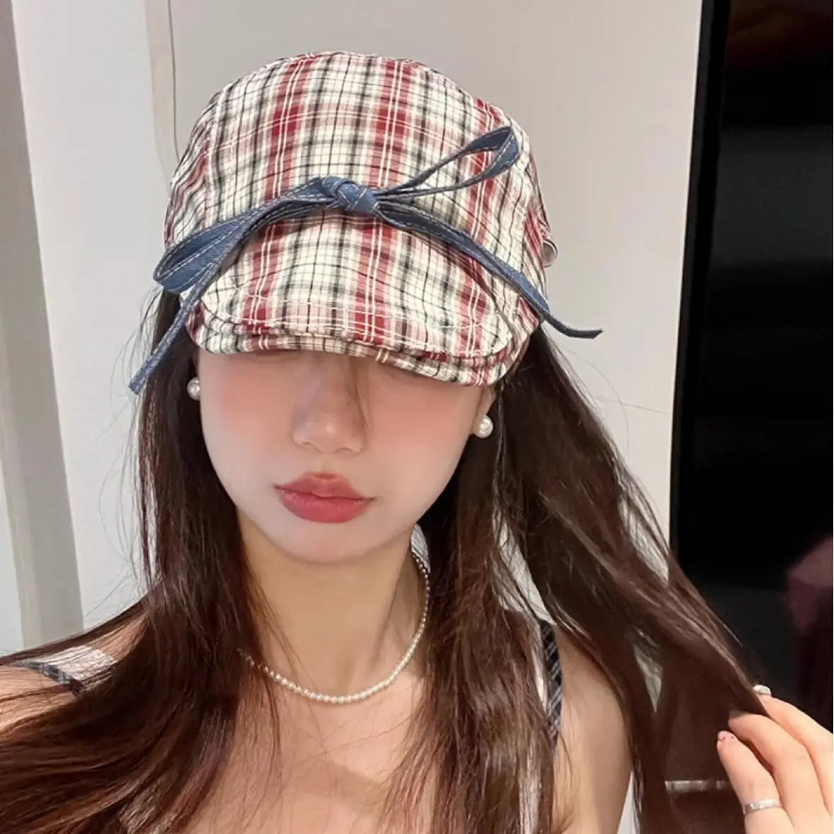 Women Retro Red Plaid Bow Tie Hat for Winter - Image 5
