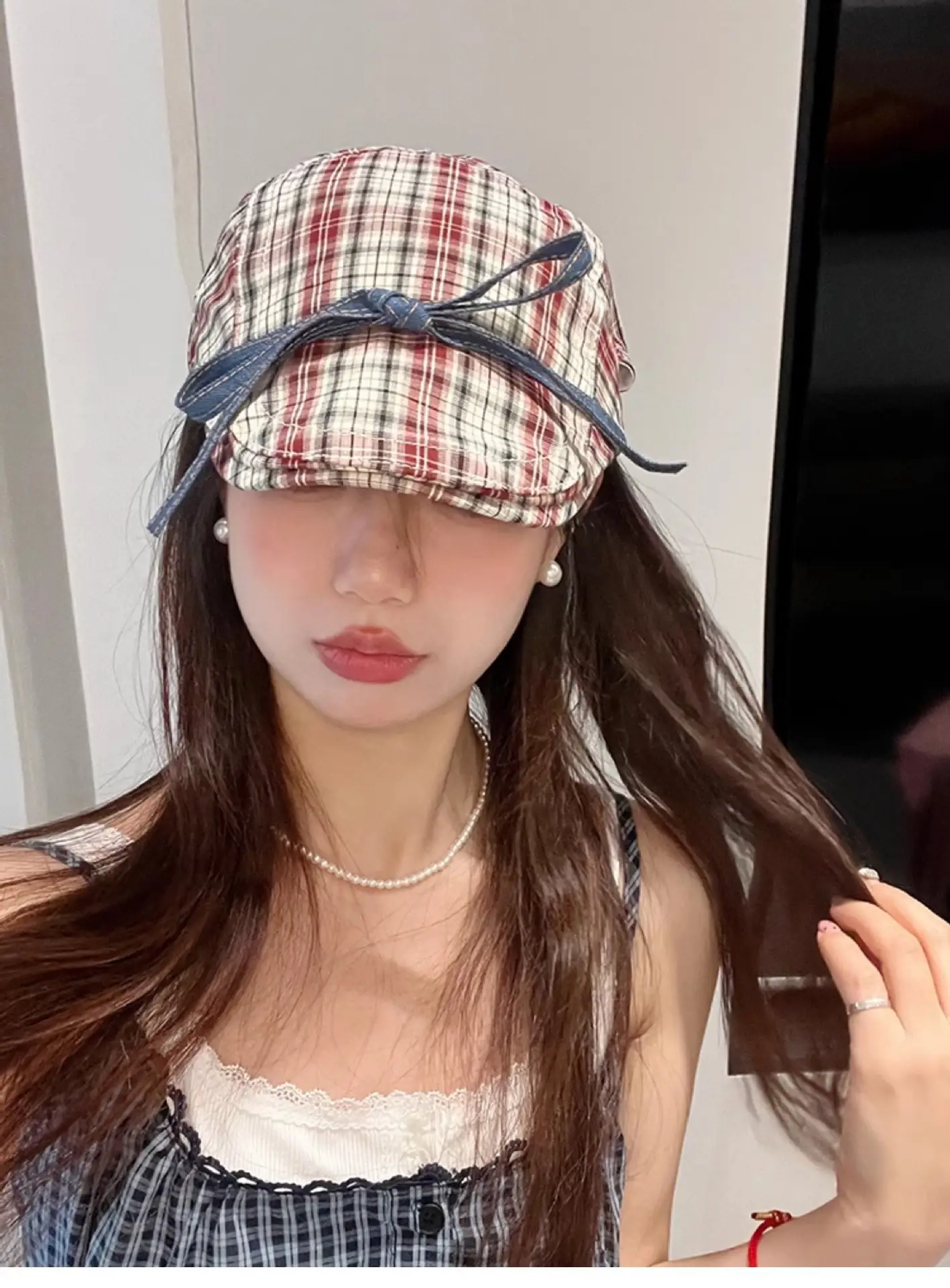 Women Retro Red Plaid Bow Tie Hat for Winter — feature 11