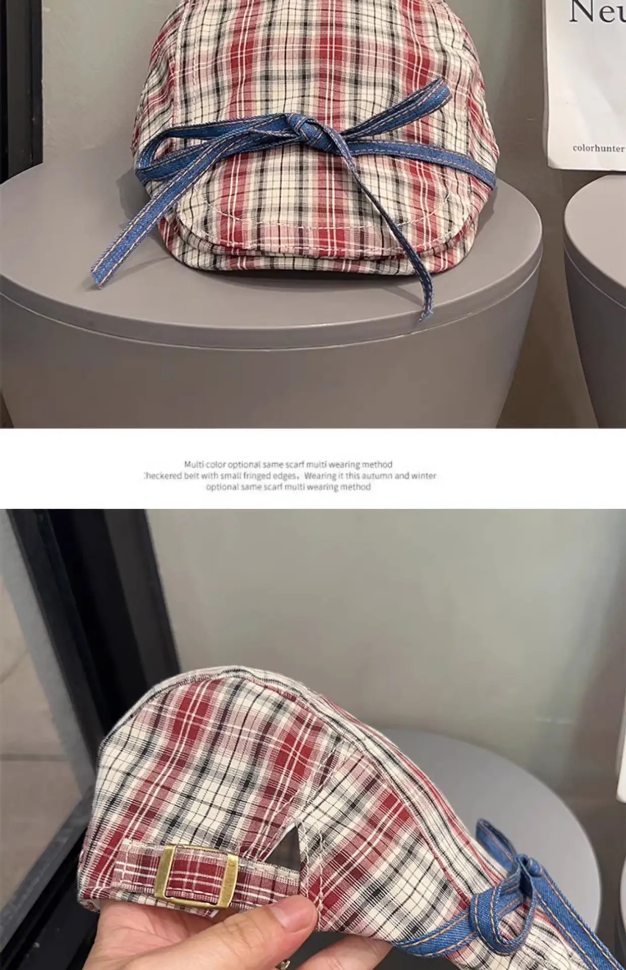 Women Retro Red Plaid Bow Tie Hat for Winter — feature 14
