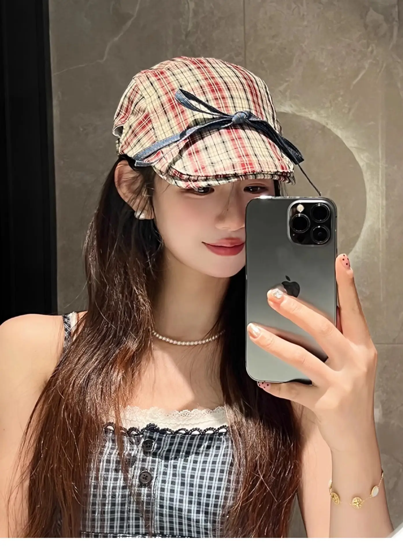 Women Retro Red Plaid Bow Tie Hat for Winter — feature 3