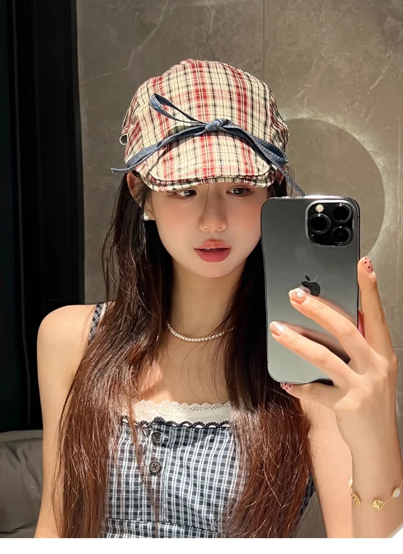 Women Retro Red Plaid Bow Tie Hat for Winter — feature 4