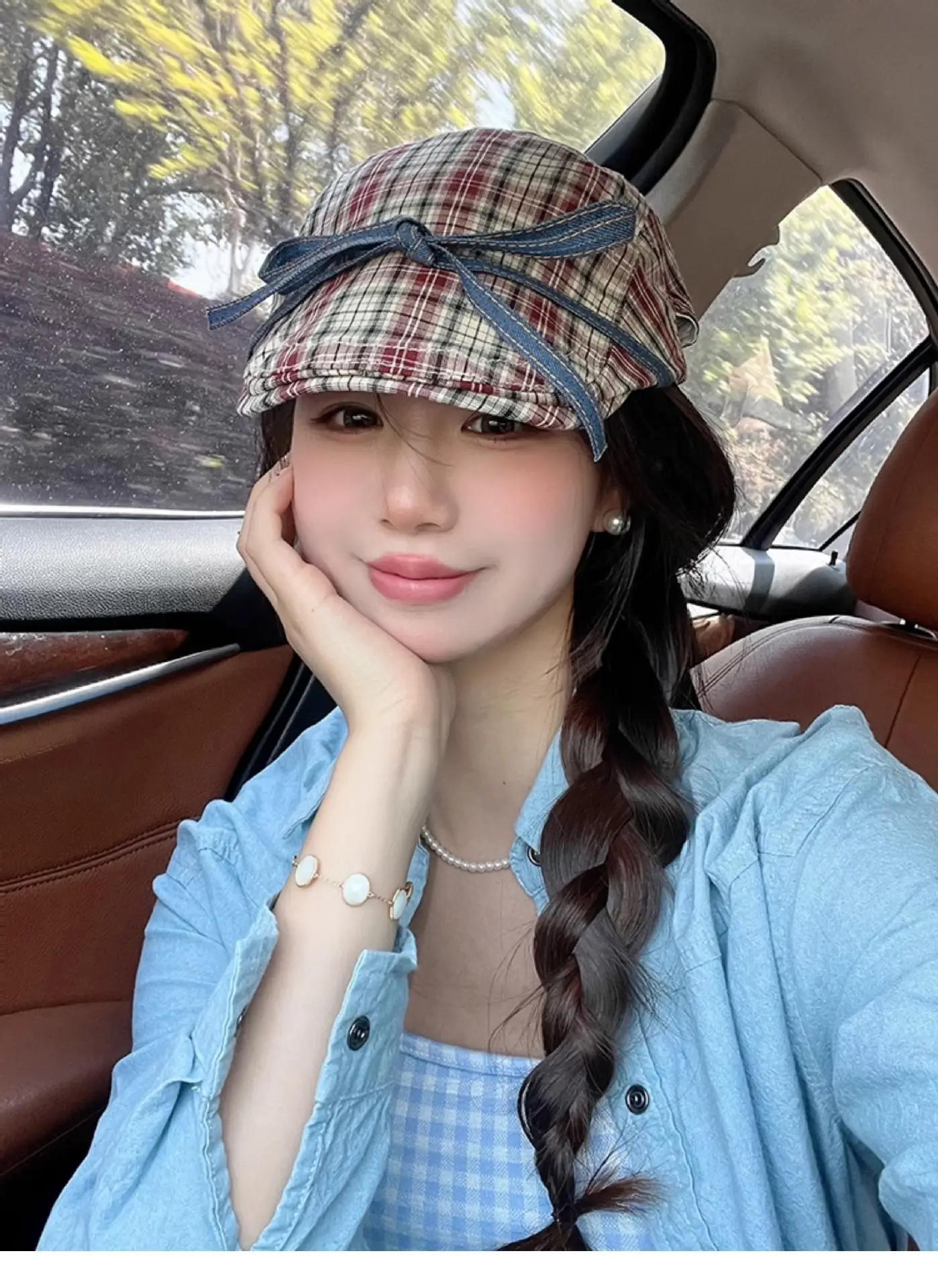 Women Retro Red Plaid Bow Tie Hat for Winter — feature 7