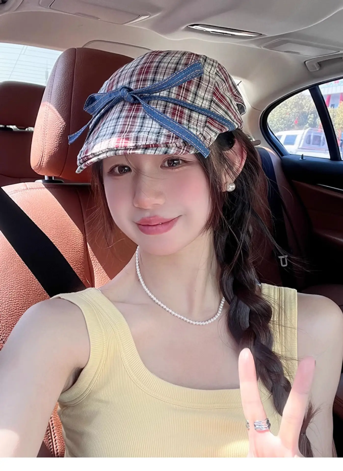 Women Retro Red Plaid Bow Tie Hat for Winter — feature 8