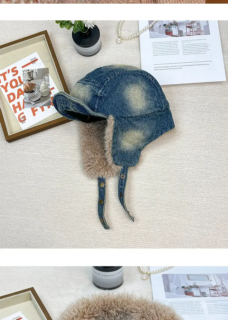 Winter Plush Ear Hats for Men Women Retro Denim Cap — feature 11
