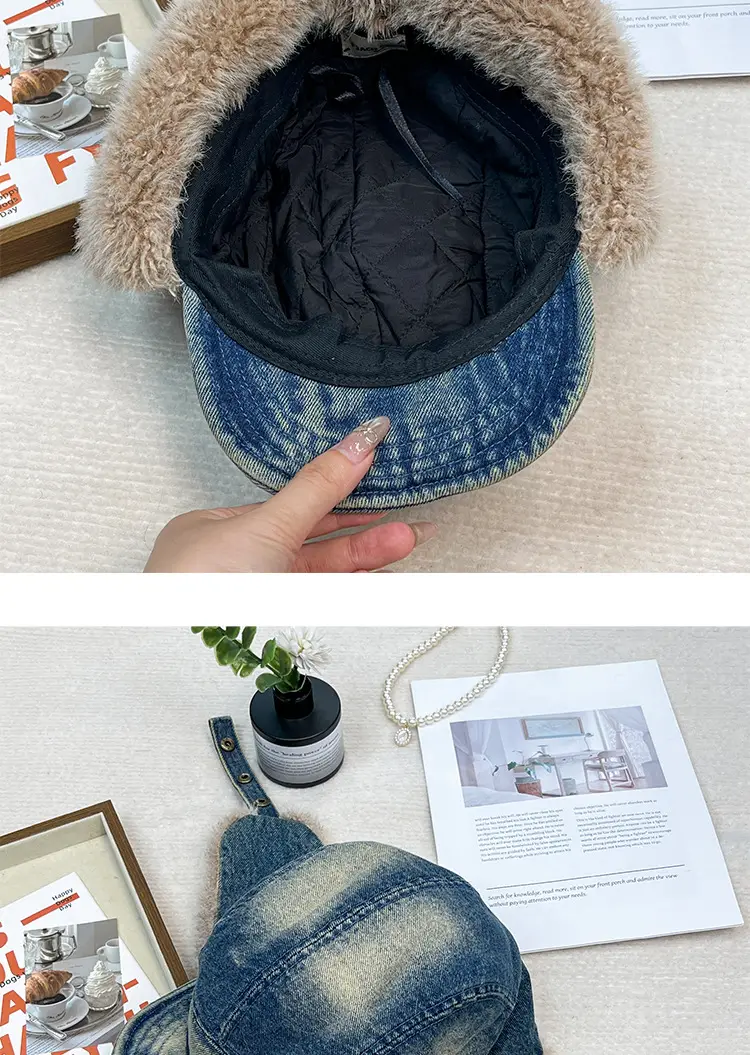 Winter Plush Ear Hats for Men Women Retro Denim Cap — feature 12