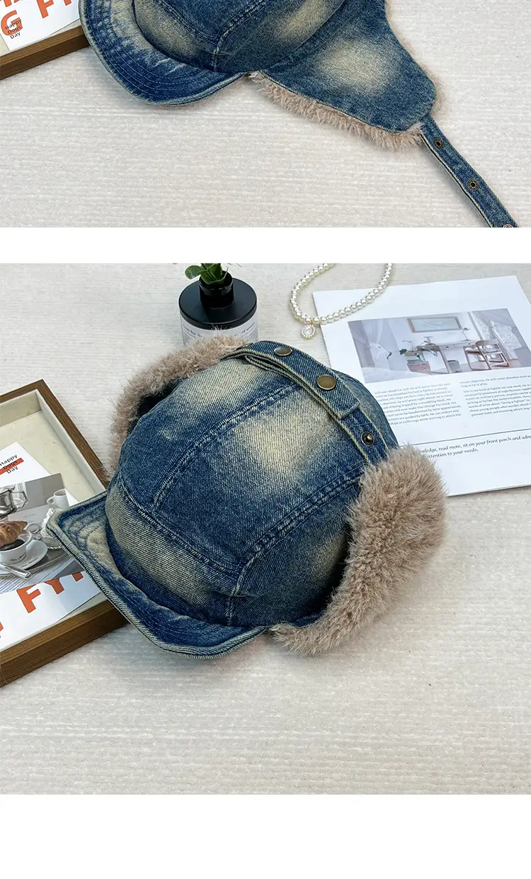 Winter Plush Ear Hats for Men Women Retro Denim Cap — feature 13