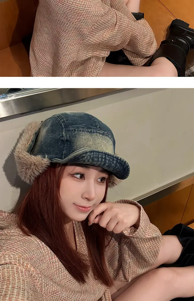 Winter Plush Ear Hats for Men Women Retro Denim Cap — feature 4